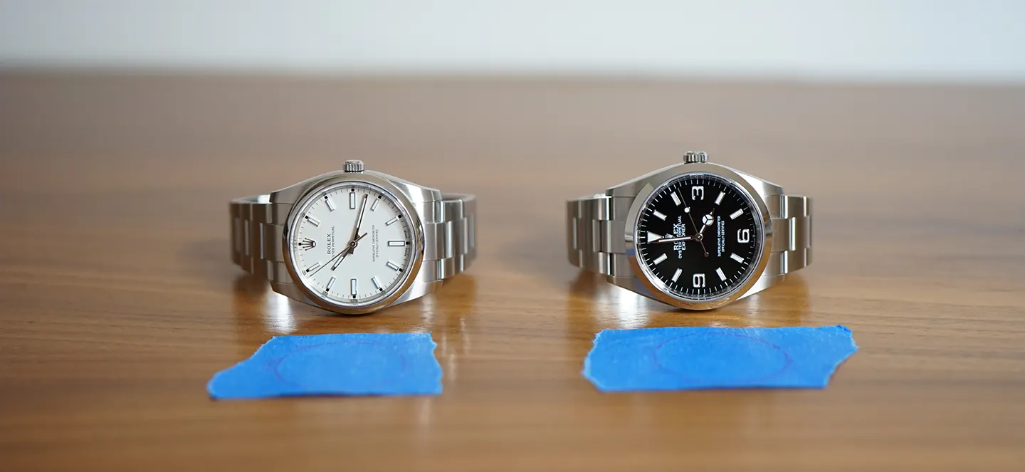 Rolex 114200 vs Explorer 124270 with painters tape and frottage imprint